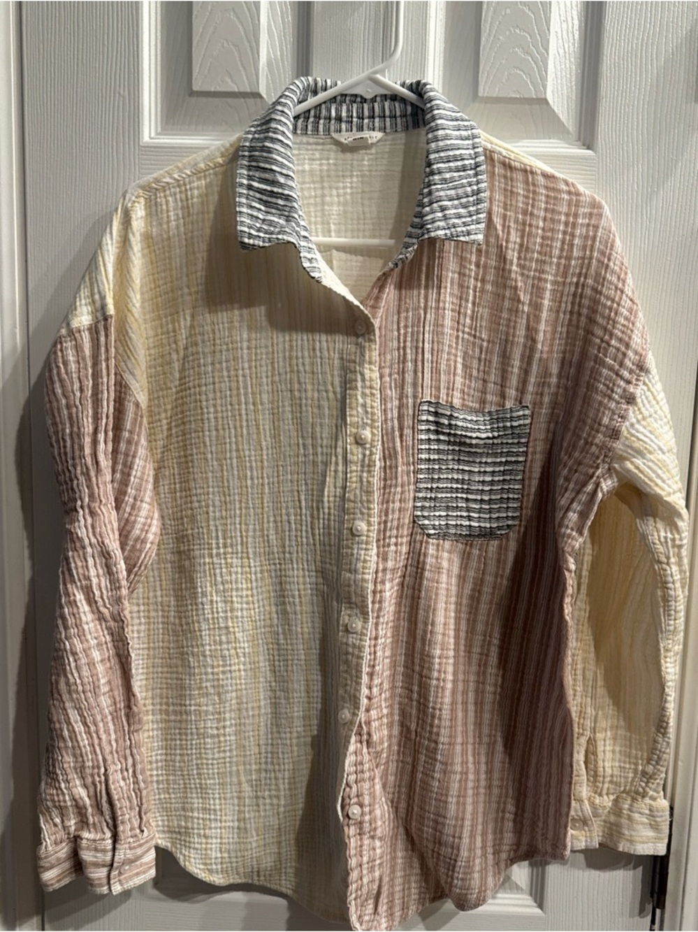 Aeropostale Colorblock Striped Cotton Button-Down Shirt - Cream, Pink, Yellow